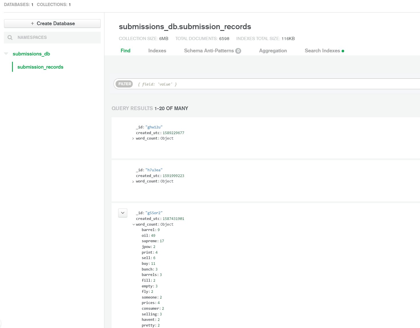 Screenshot of MongoDB Atlas with list of documents representing subreddit submissions